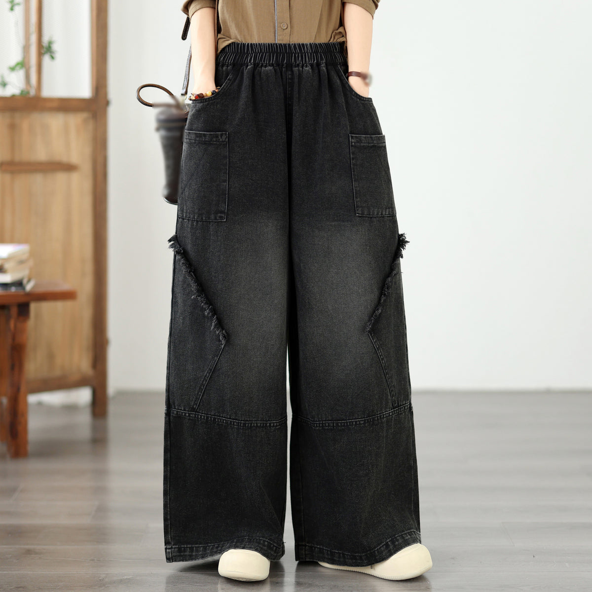 Vintage Denim Wide Leg Pants - Women's Patchwork Jeans Trousers
