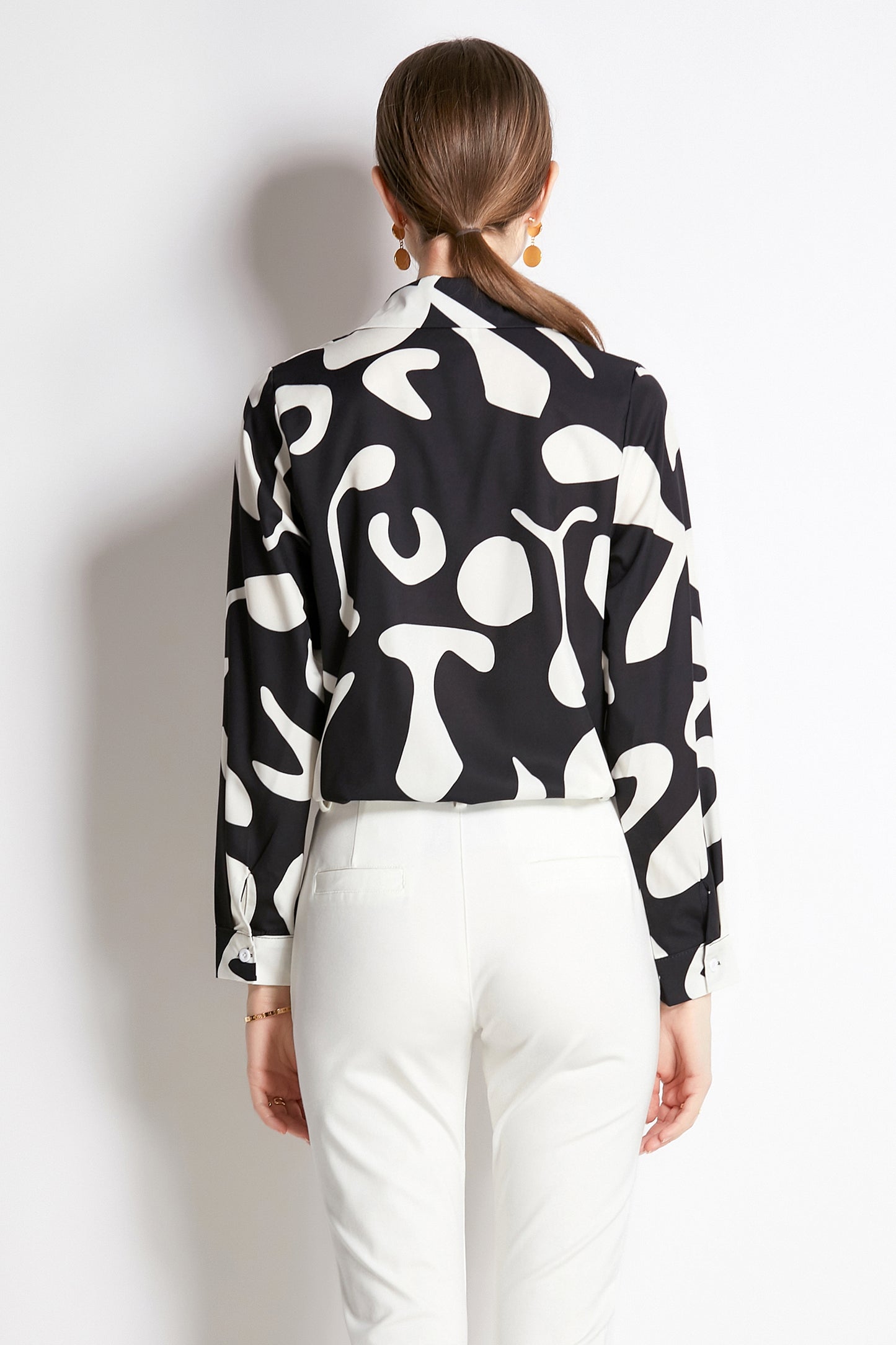 ESY-Women's Long Sleeve Lapel Collar Print Button Blouse