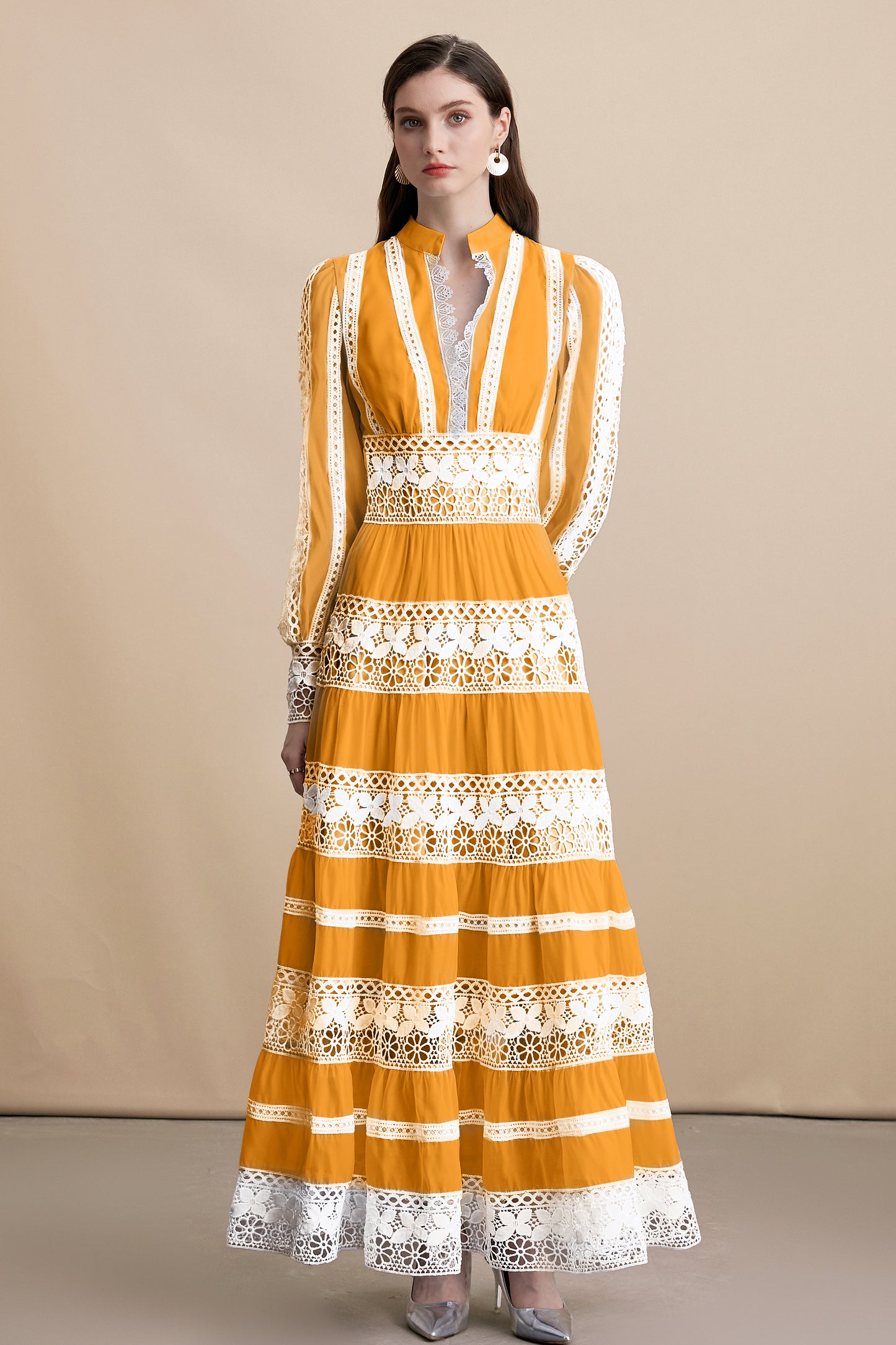 Women's V-Neck Smocked Lace Tiered Maxi Dress