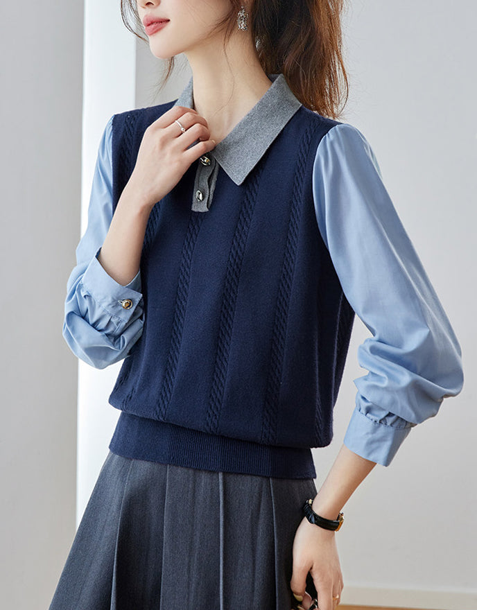 Color Block Cable Knit Polo Top – Faux Two-Piece Sweater Shirt