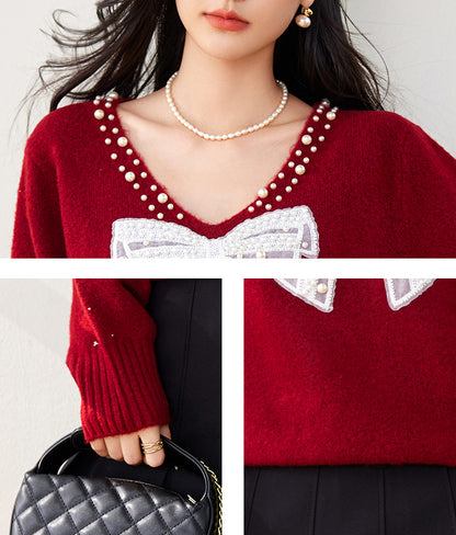 SD-Bow Sparkling Beads Pullover Sweater