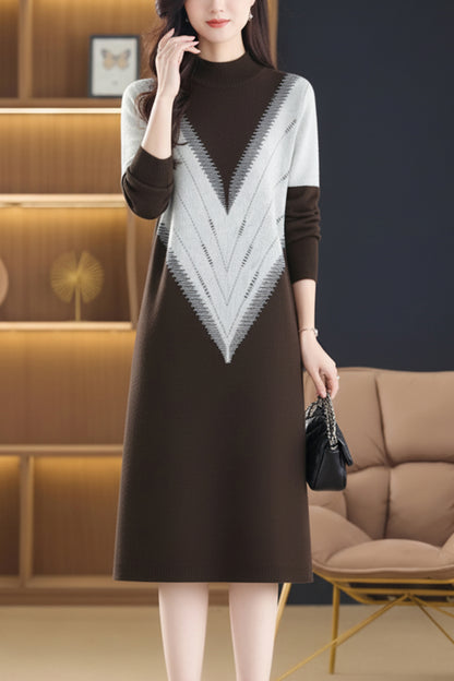 Women's Long Sleeve Sweater Knit Color Block Dress
