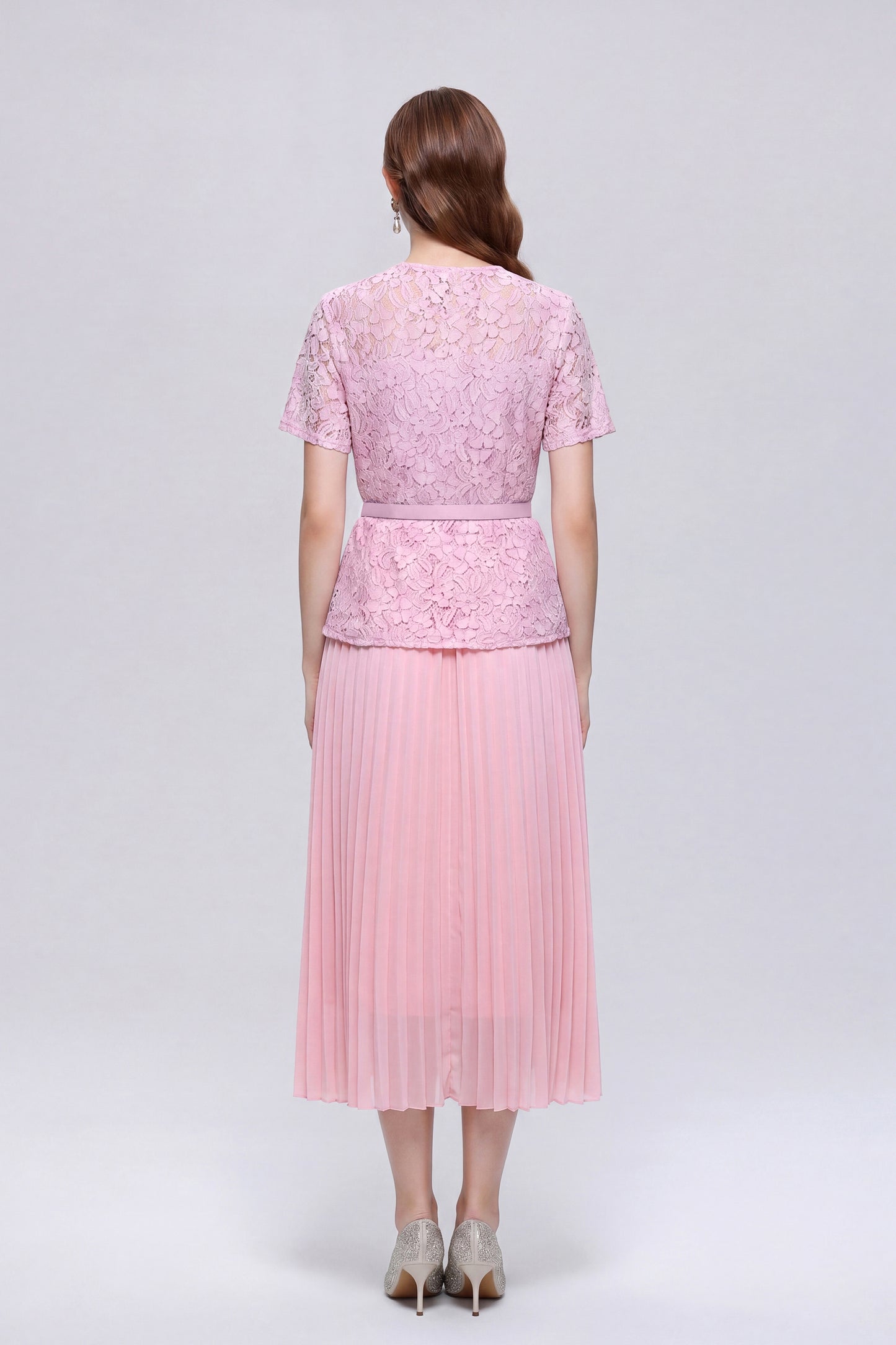 Graceful Square Neck Lace Pleated Button Midi Dress