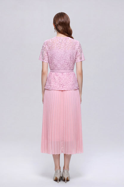 Graceful Square Neck Lace Pleated Button Midi Dress