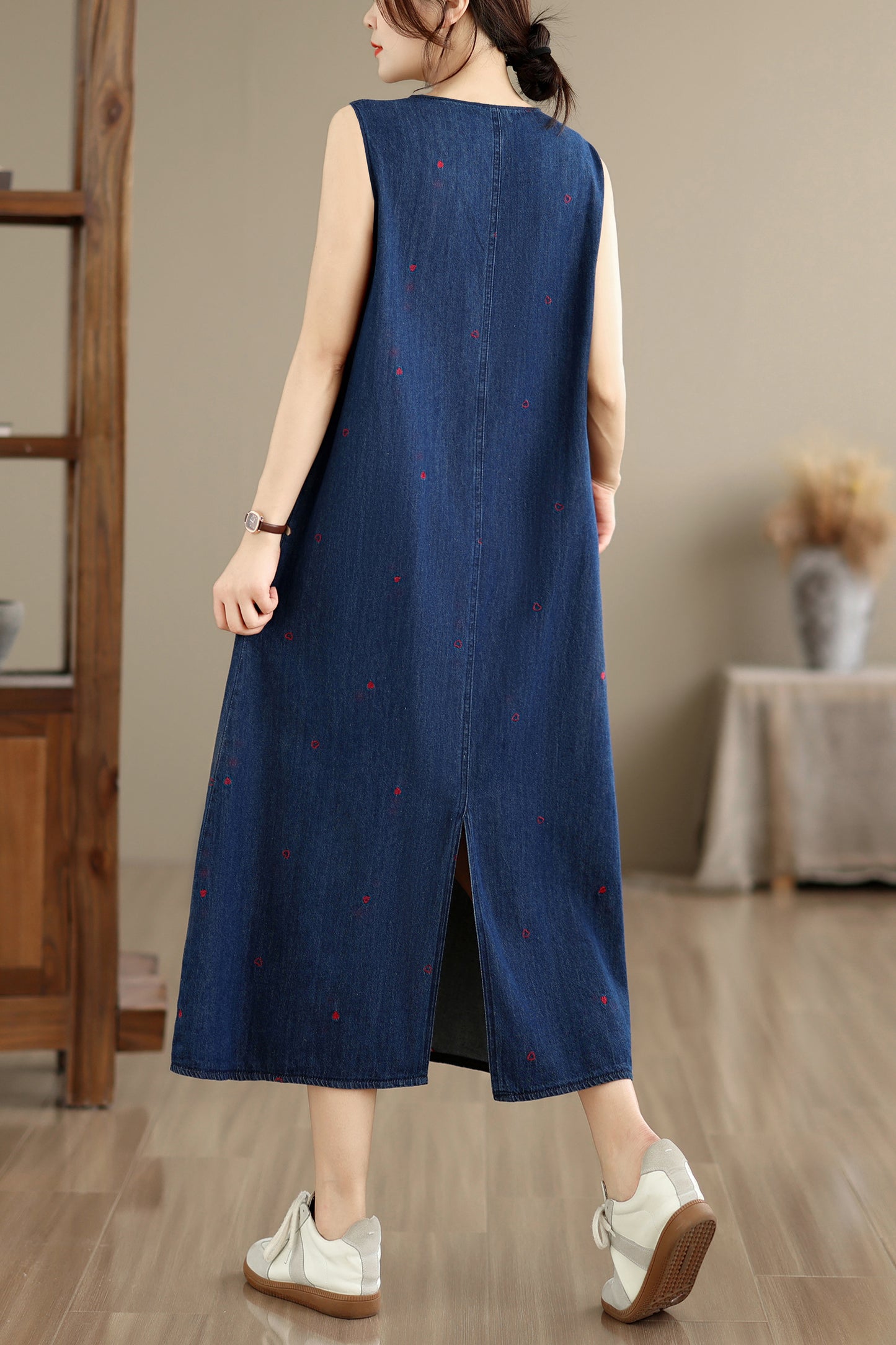 Sleeveless Denim Loose Lightweight Jean Midi Dress with Pockets