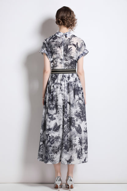 Women's Short Sleeves Collar Printed Midi Dress