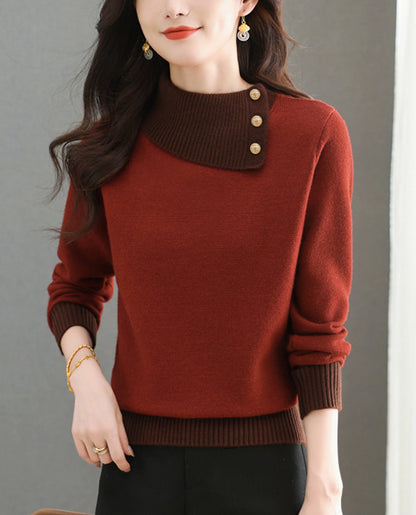 Chic Color-Block Knit Sweater – Asymmetric Neck Pullover Tops