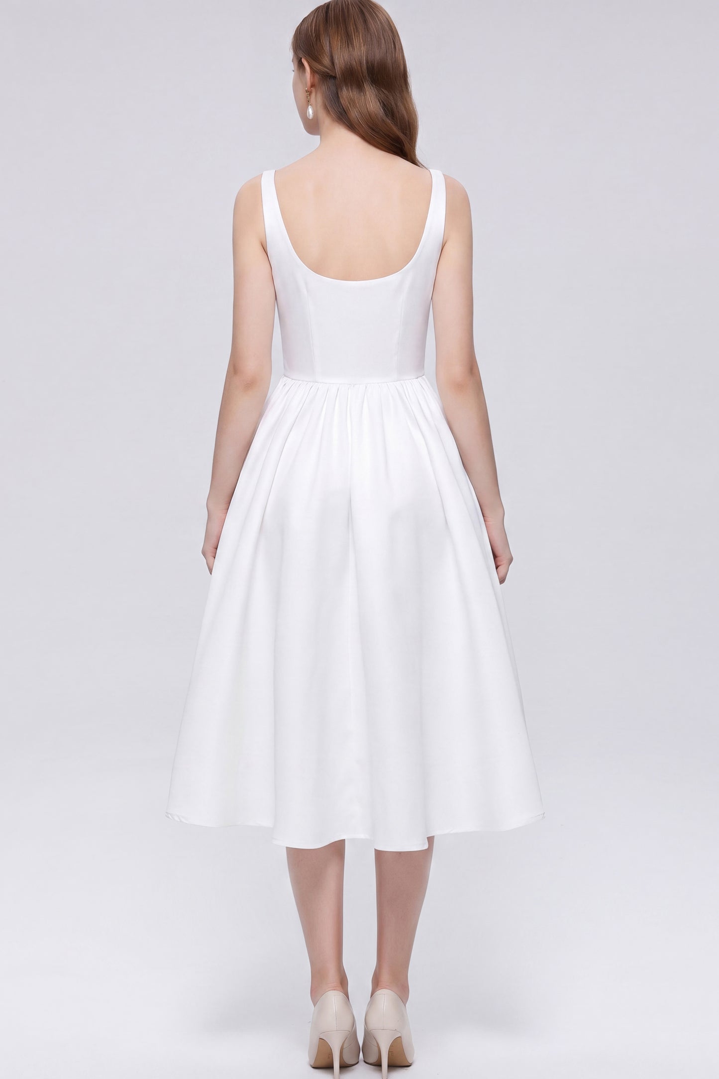 Elegant White Satin Bow Sleeveless Strappy A-Line Party Midi Dress
