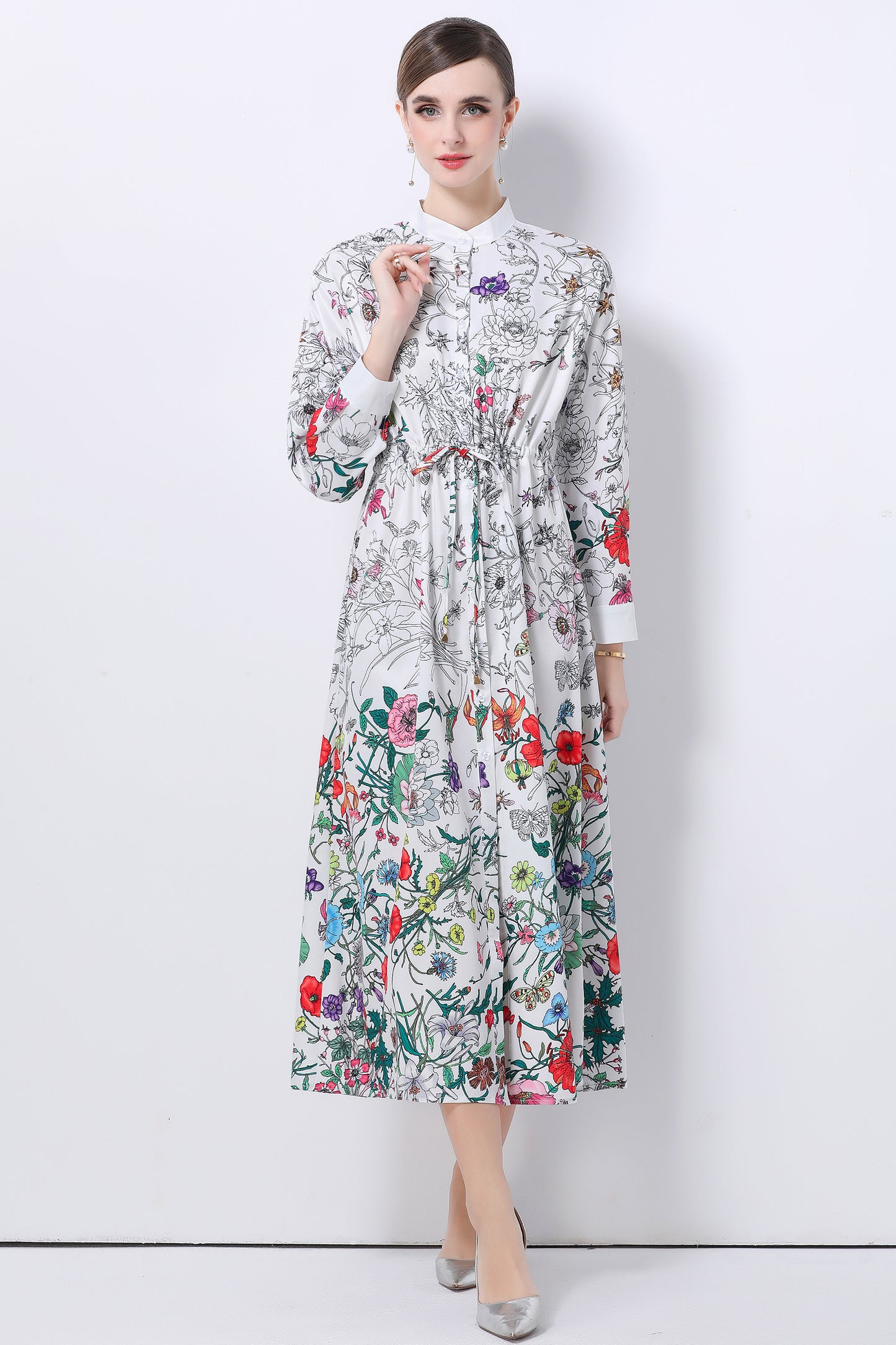 Women's Floral Print Flowy Button Split Maxi Dress