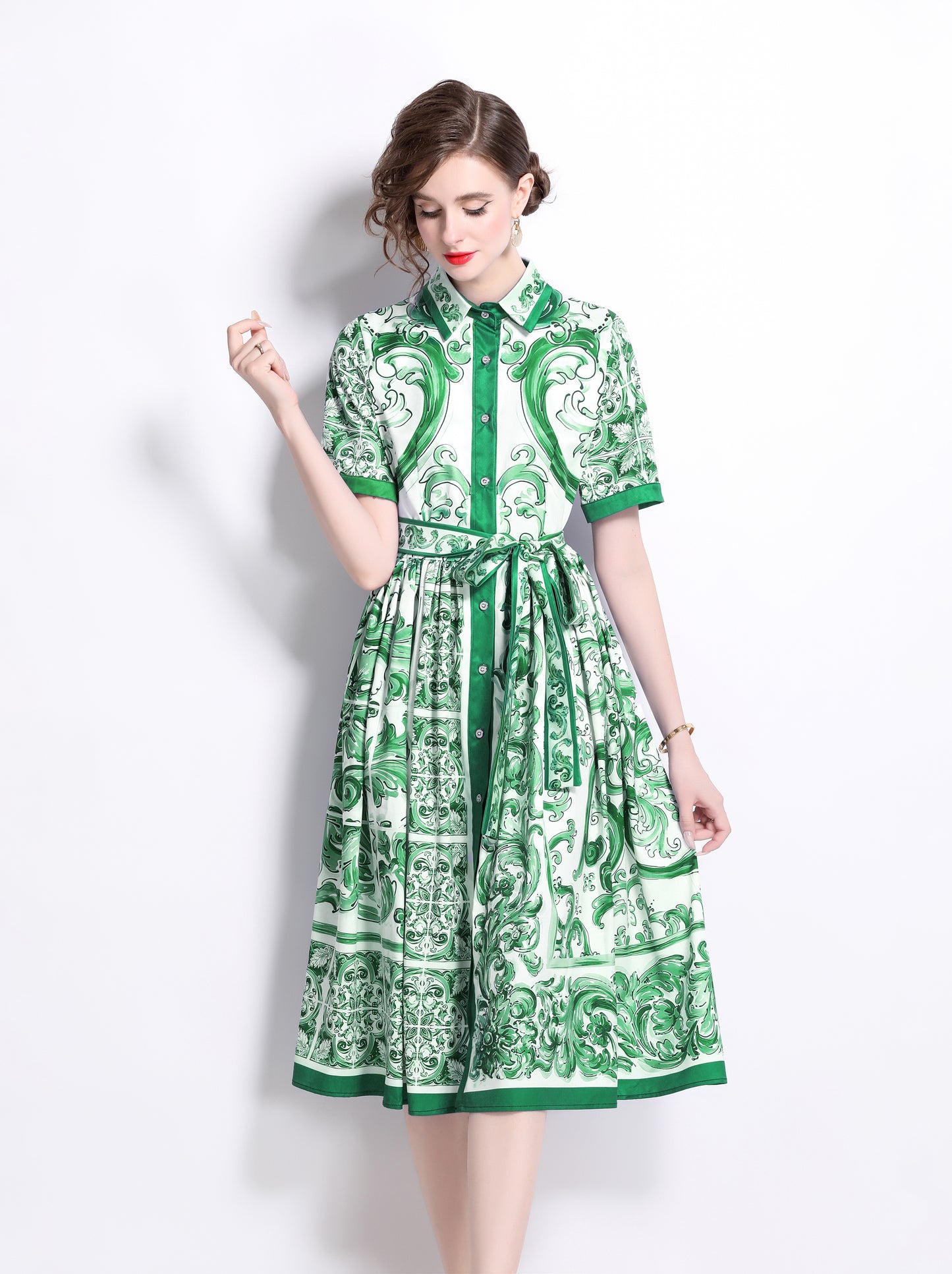 Women's Floral Print Short Sleeve Collar Midi Dress