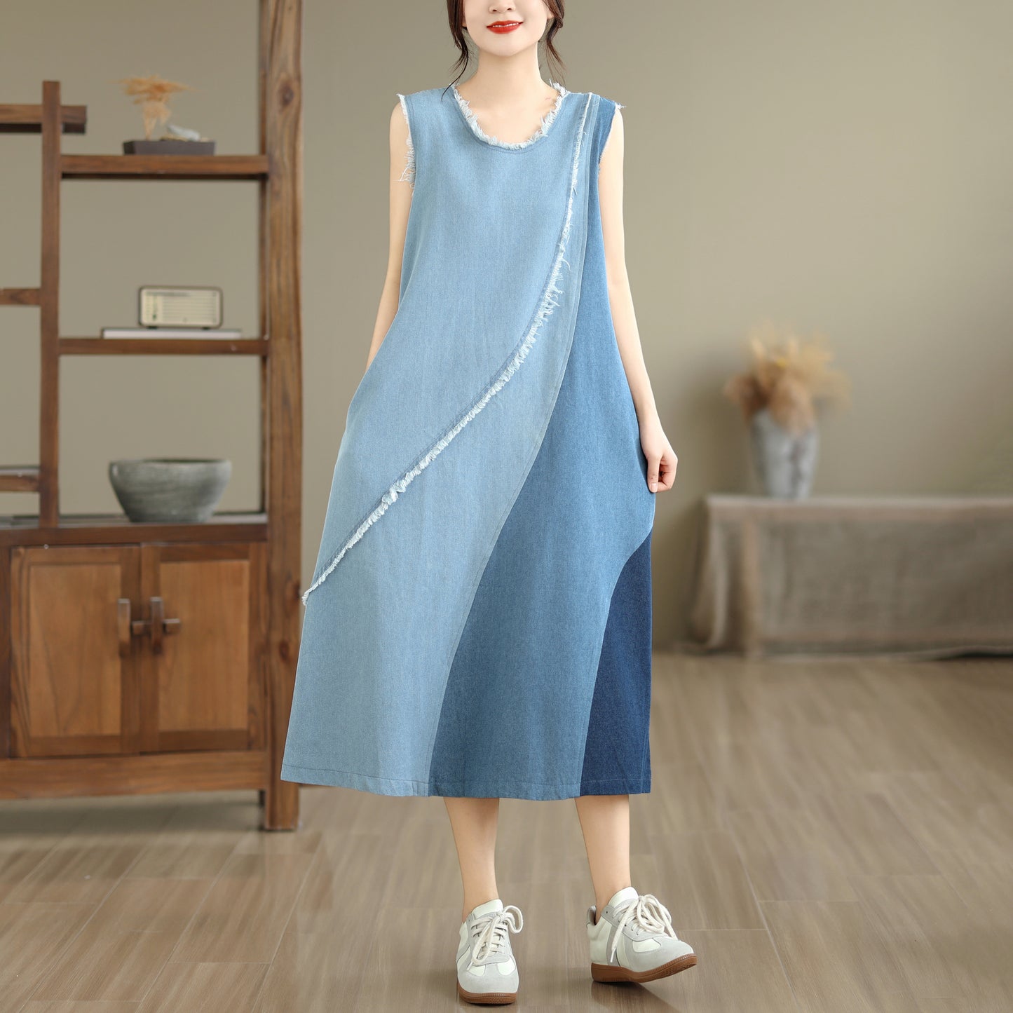 Women's Casual Sleeveless Denim Midi Dress Loose with Pockets