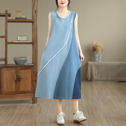Women's Casual Sleeveless Denim Midi Dress Loose with Pockets