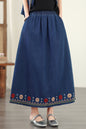 Women's Embroidered Elastic Waist Denim Jean Maxi Skirt Pocket - LAI MENG FIVE CATS