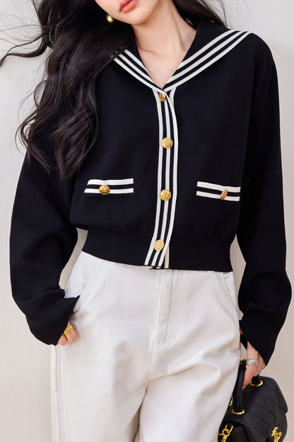 Women's Sailor Collar V-Neck Stripe Button Knit Top