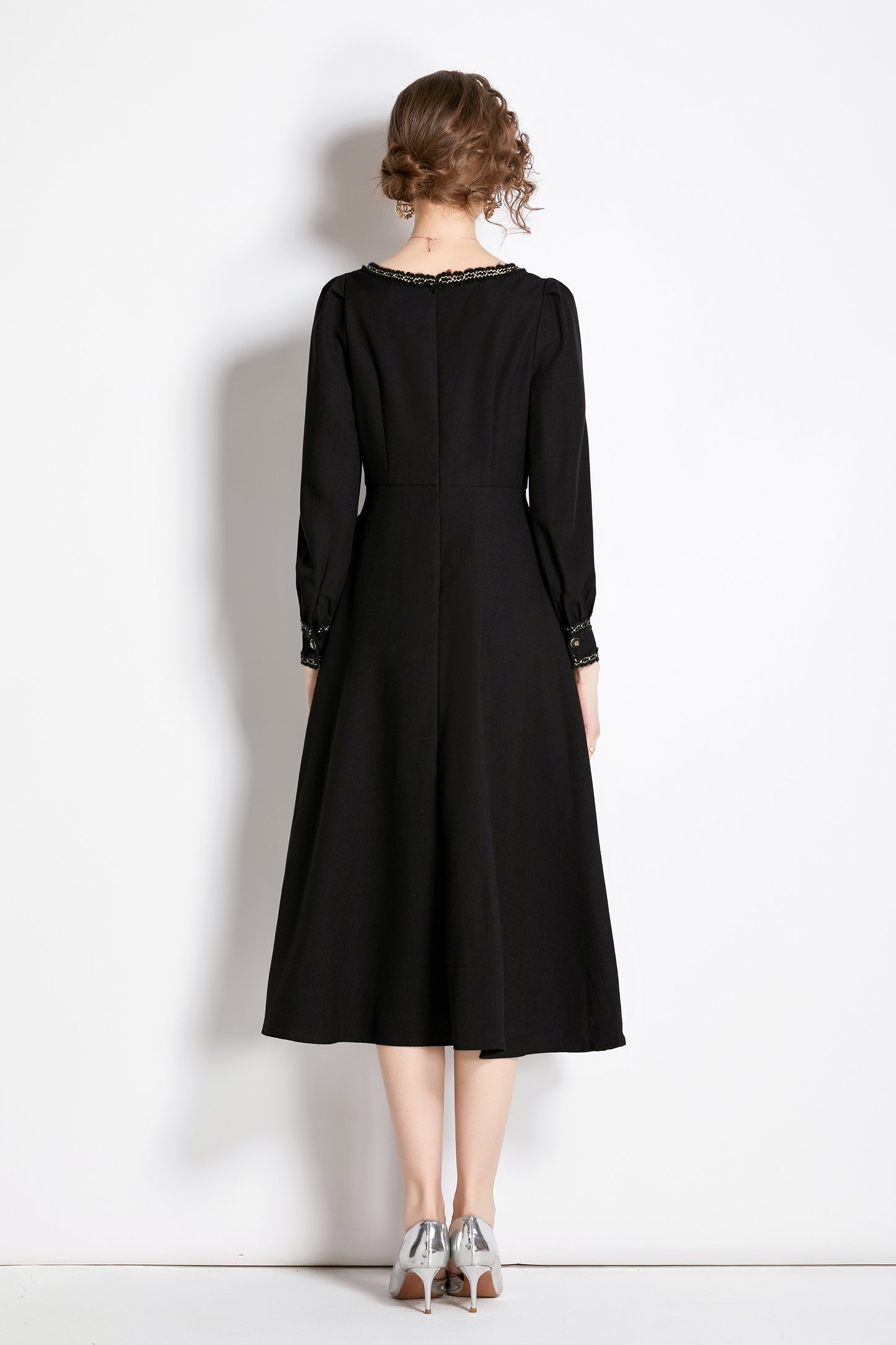 Women's square collar contrasting color trim black midi dress