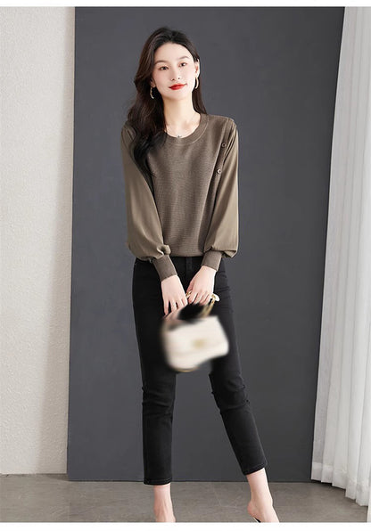 Women's Fall Casual Patchwork Shirt Pullover Loose Blouse Tops