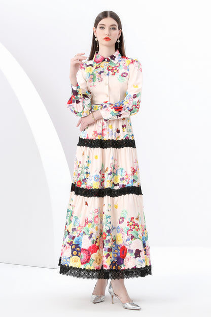 BK-Printed Lace Layered Button Maxi Dress