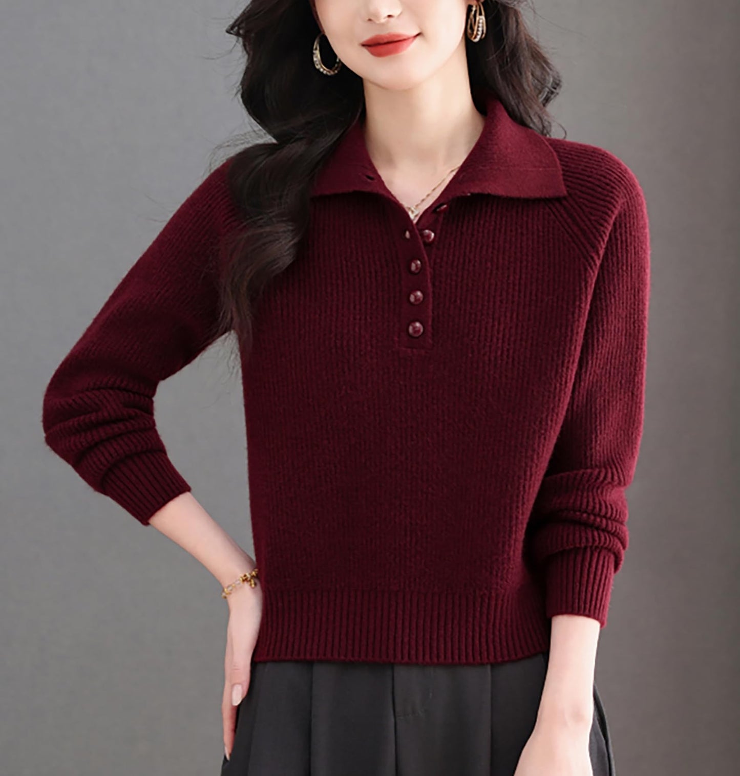 Women's Ribbed Knit Polo Top — Soft Button-Front Sweater