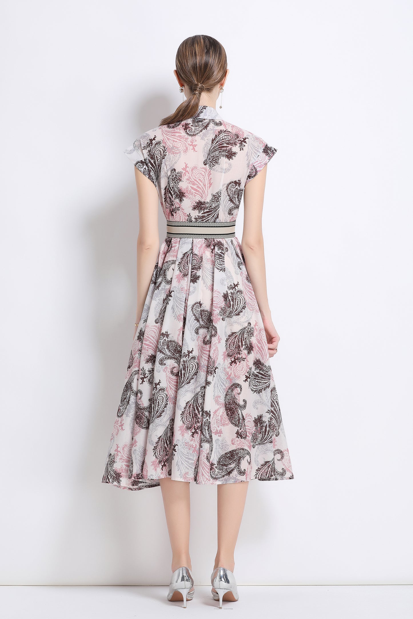 Women's Short Sleeves Collar Printed Buttons Midi Dress
