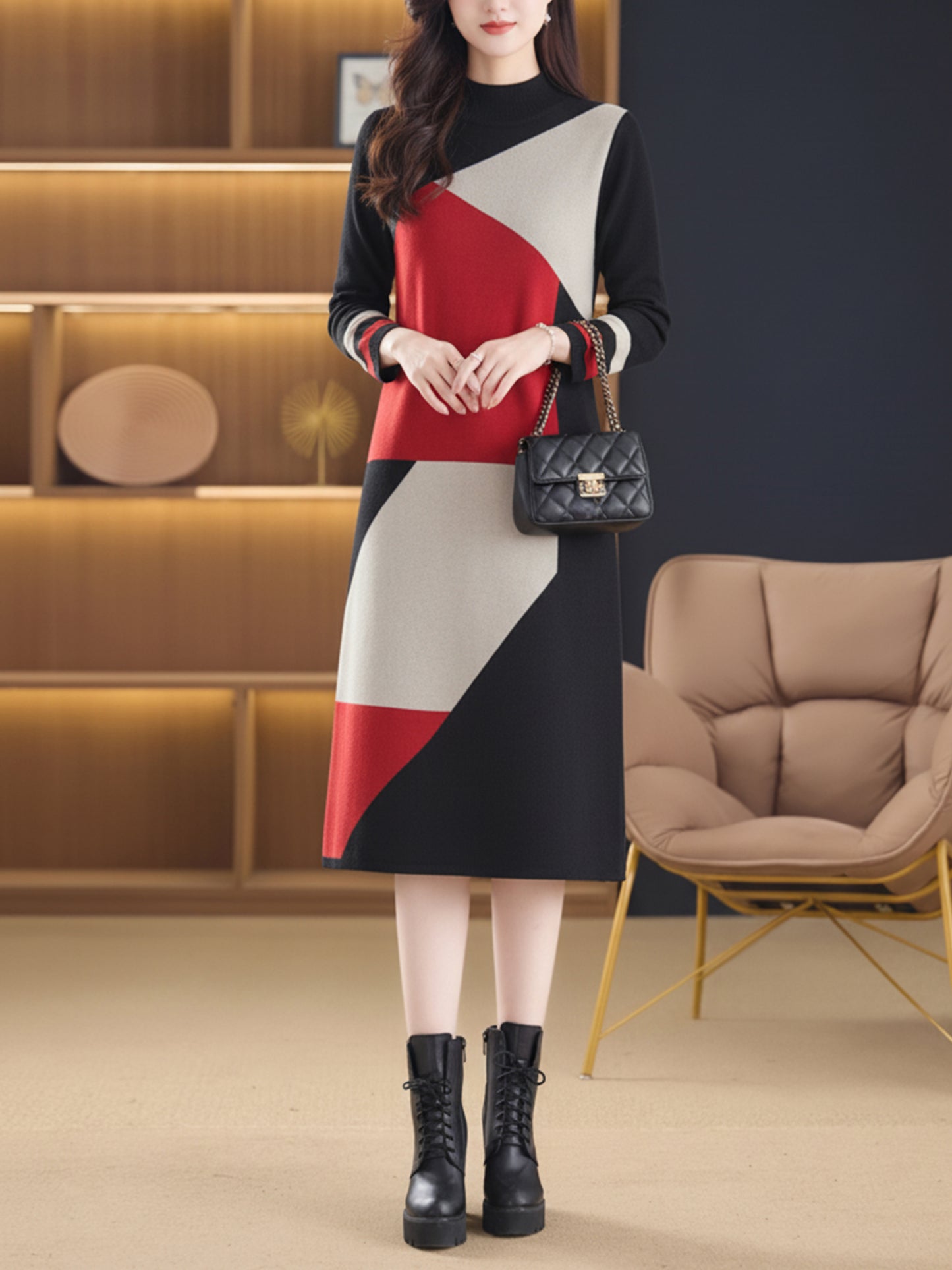 Women's Long Sleeve Sweater Knit Color Block Dress