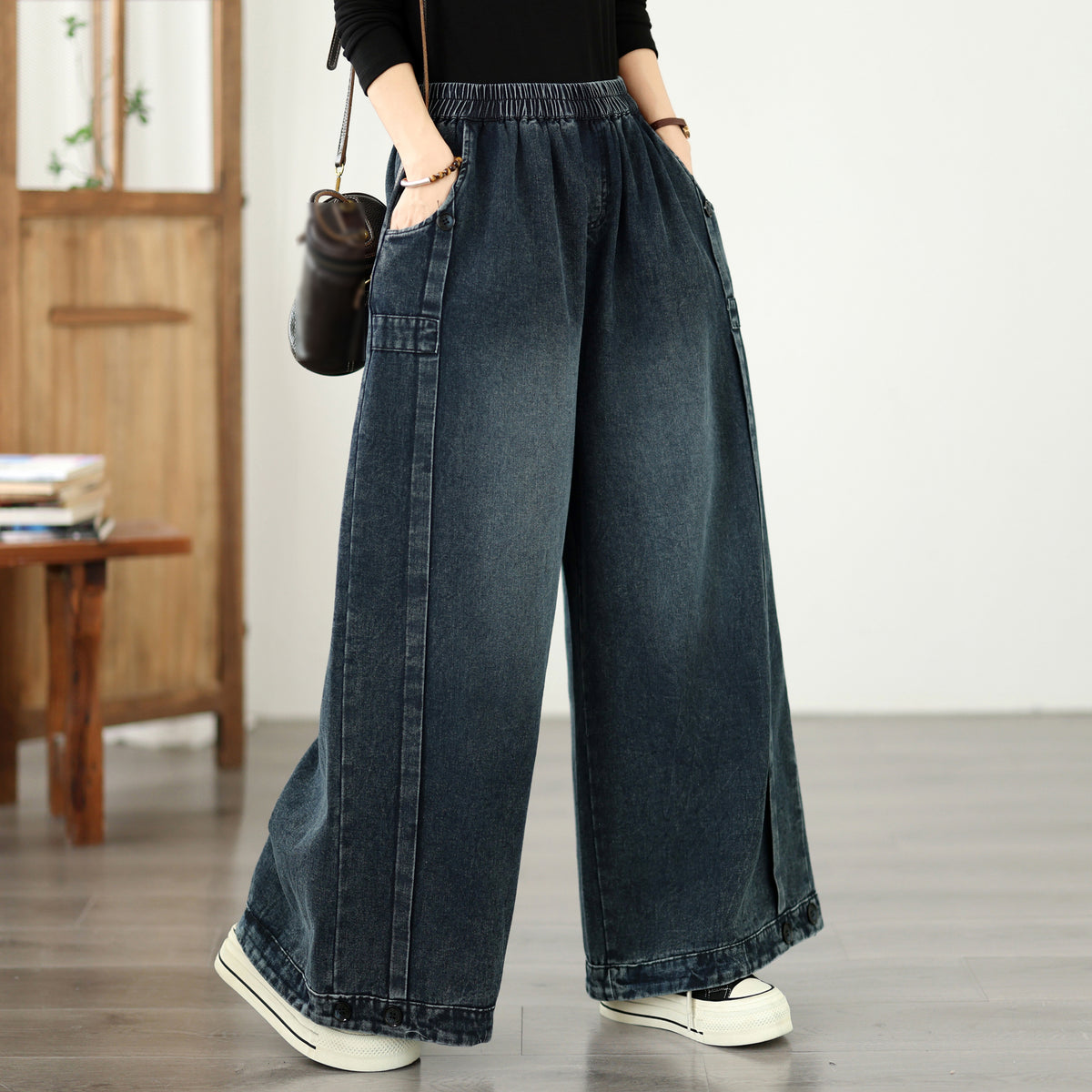 Vintage Wide Leg Pants - Women's Loose Fit Palazzo Trousers with Elastic Waist