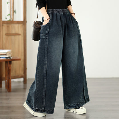 Vintage Wide Leg Pants - Women's Loose Fit Palazzo Trousers with Elastic Waist