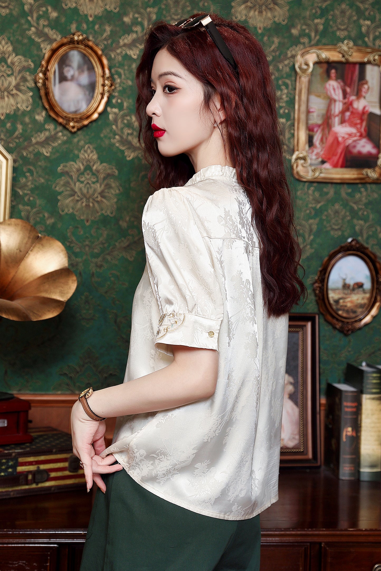 Women's Silk Satin Embroidery Jacquard Blouse Tops