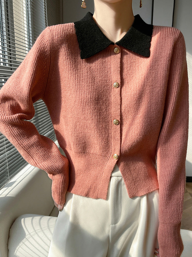 Chic Contrast Collar Knit Cardigan – Vintage Button Ribbed Sweater Top