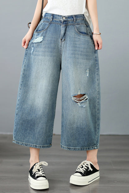 Lightweight Distressed Cropped Wide Leg Jeans