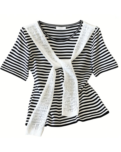 Coastal Stripe Knit Top with Scarf Tie Detail – Lightweight Summer Essential