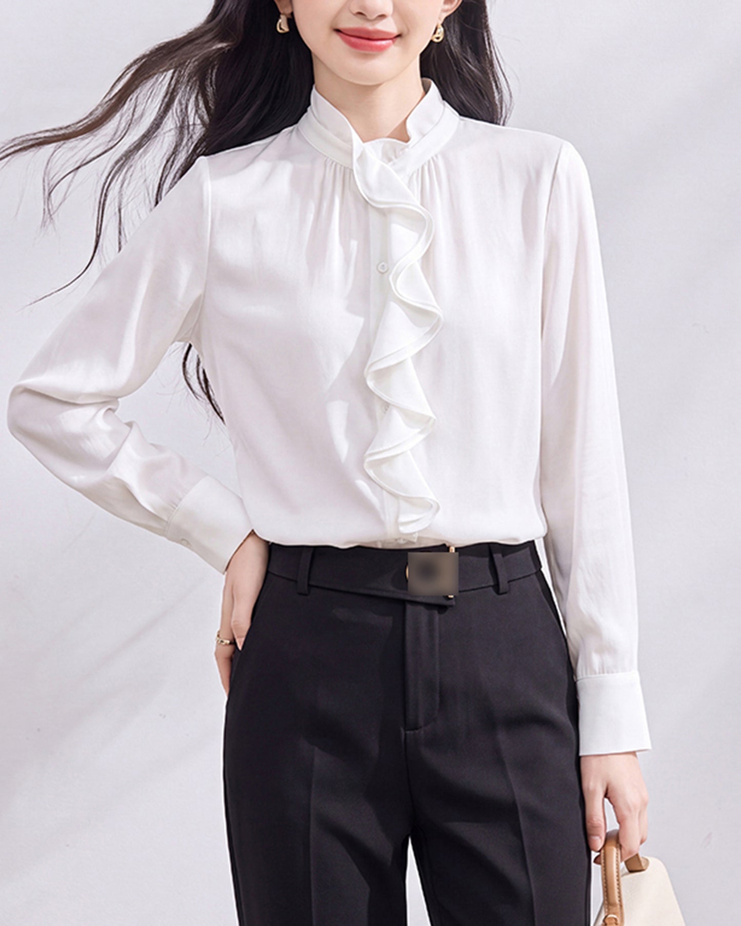 Classic Ruffle Front Stand Collar Blouse