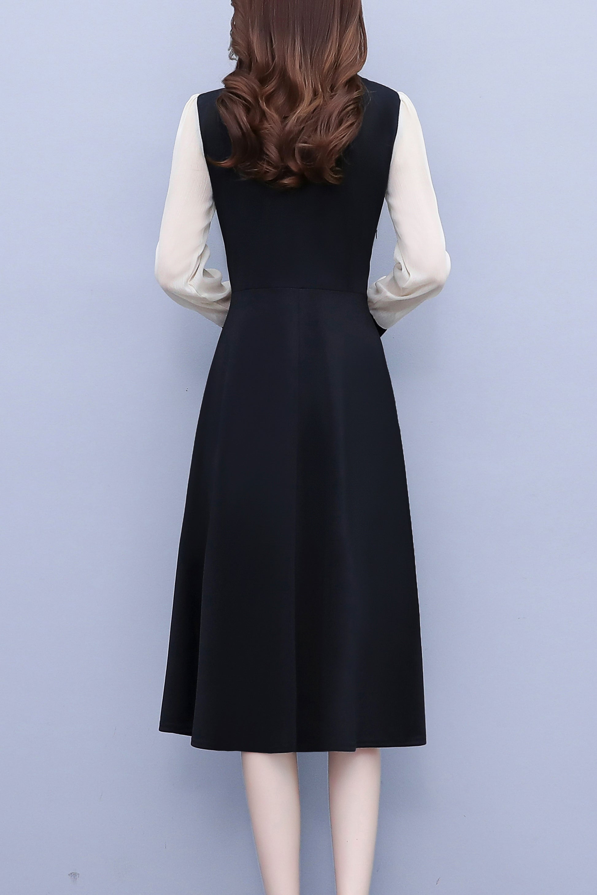Women's V-neck Long Sleeve Patchwork Black Dress - LAI MENG FIVE CATS