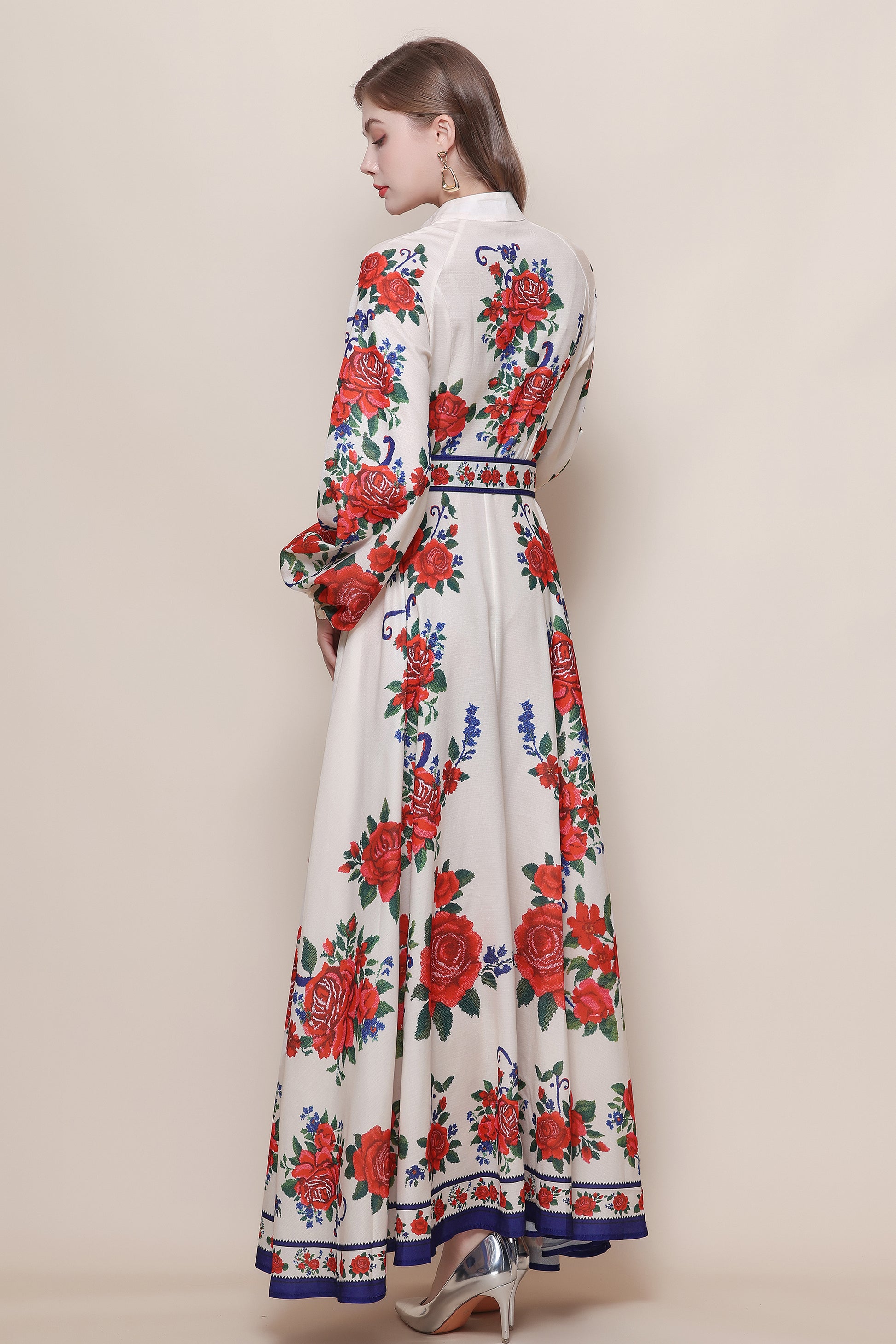 26-Women's Floral Print Puff Sleeve Button Maxi Dress - LAI MENG FIVE CATS
