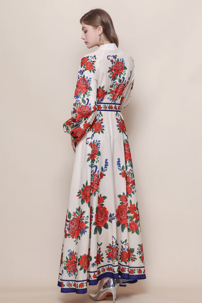 26-Women's Floral Print Puff Sleeve Button Maxi Dress - LAI MENG FIVE CATS