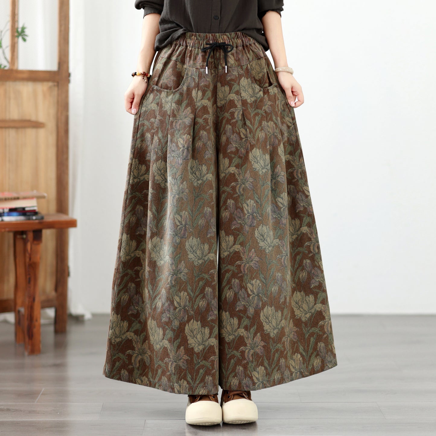 Women's Vintage Floral Print  Drawstring Wide Leg Jeans