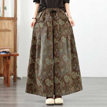 Women's Vintage Floral Print  Drawstring Wide Leg Jeans