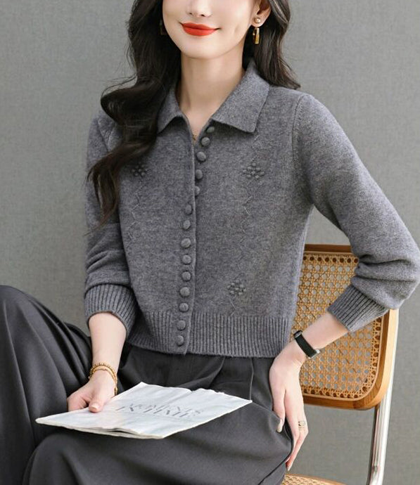 Textured Knit Zip-Up Cardigan Polo Collar Cropped Outerwear