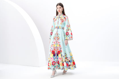 Women's Printed Button Flared Long Sleeves Maxi Dress