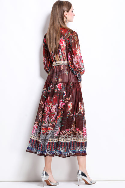Women Floral Print Puff Sleeve Split Sheer Maxi Dress