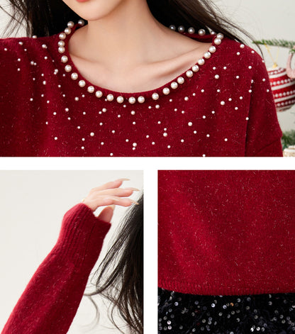 SD-Off Shoulder Shining Beads Pullover Sweater