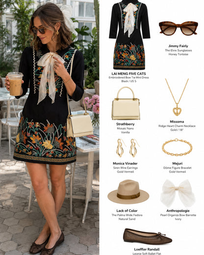 Black Embroidered Bow Tie Mini Dress – Vintage-Inspired Chic