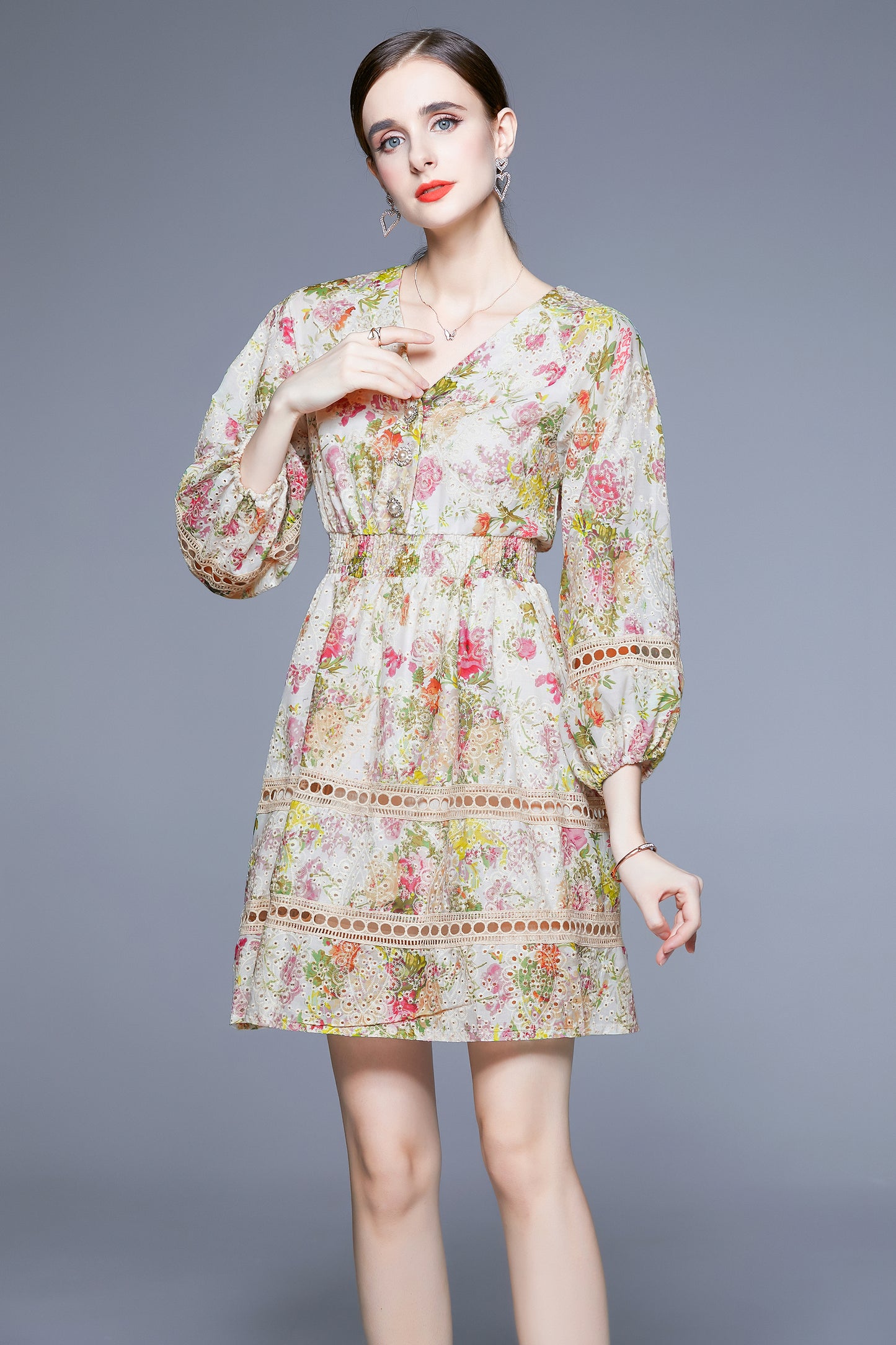 SSY-Women's V-Neck Floral Elastic Waist Button Mini Dress