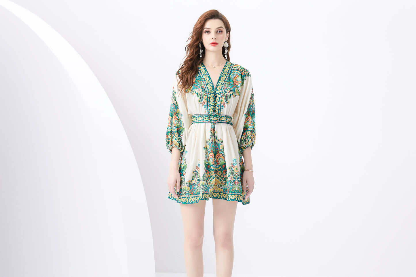 Women's V-Neck Floral Print Lantern Sleeve Mini Dress