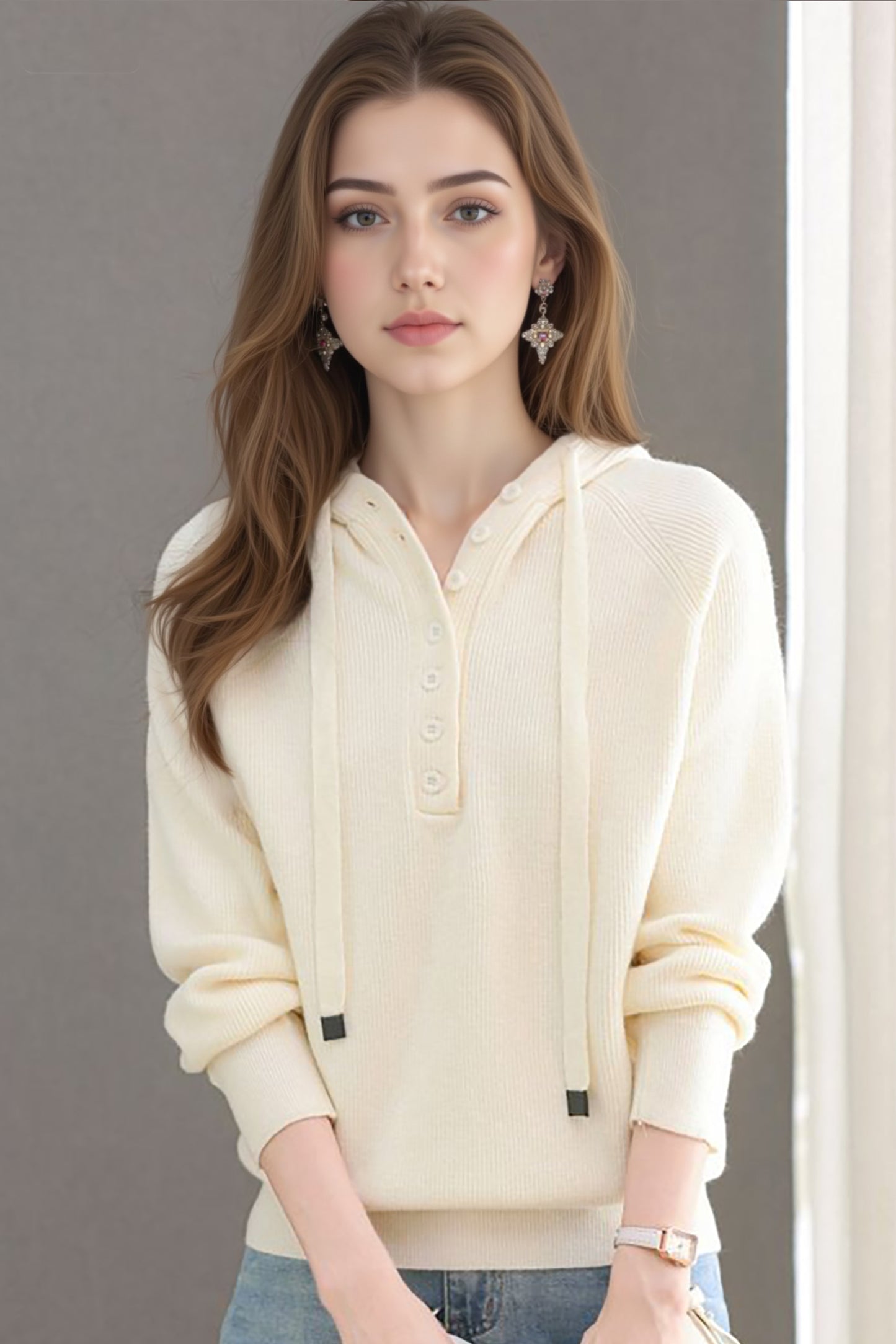 Women's Hoodie Sweater Drawstring Knit Sweatshirt