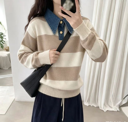 Striped Casual Knit Sweater with Denim Collar