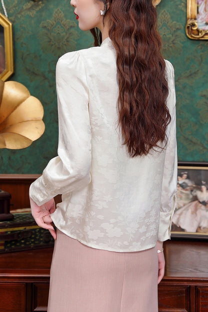 Women's Silk Satin Mandarin Collar Long Sleeve Blouse Top - LAI MENG FIVE CATS