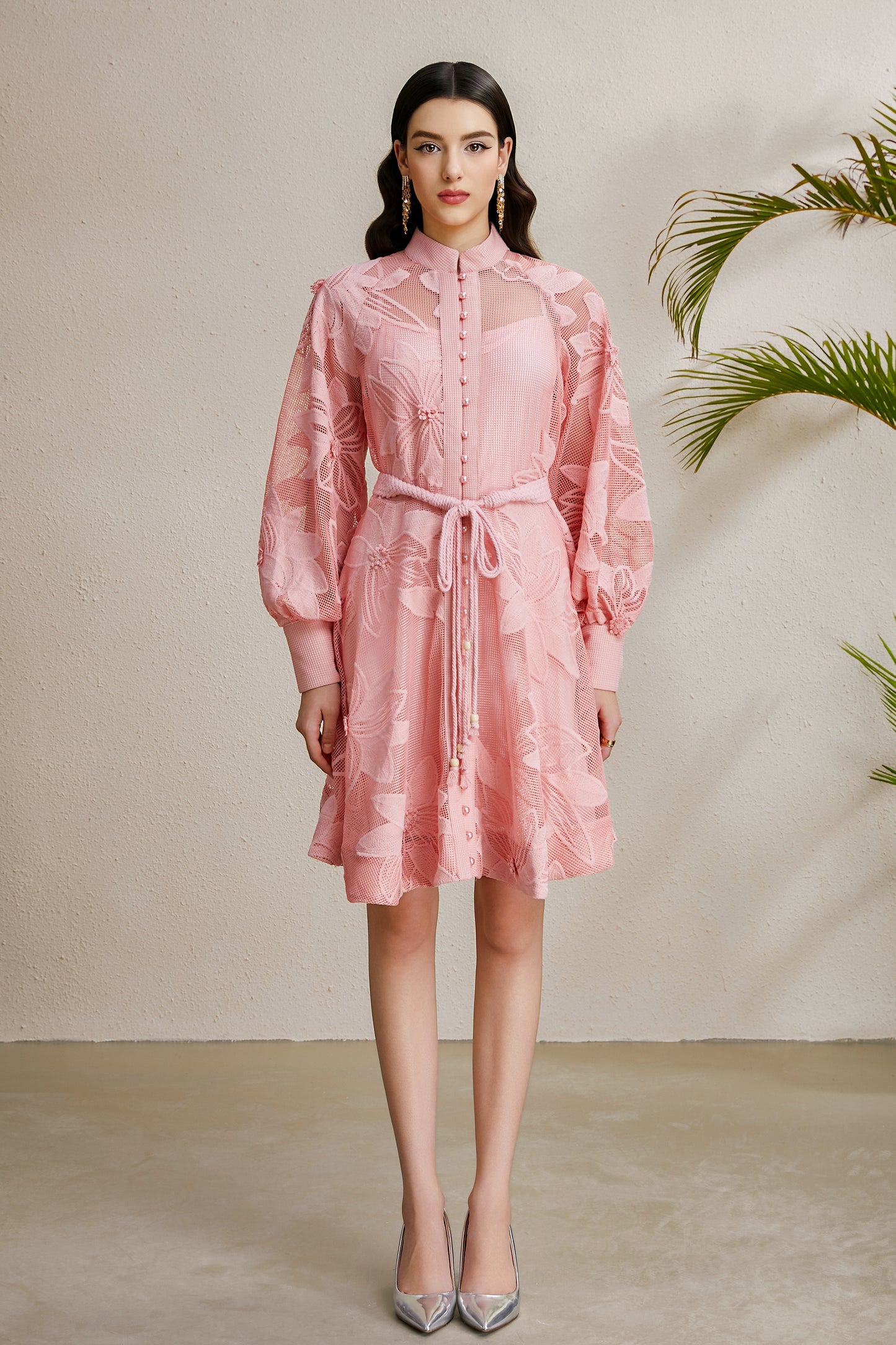 Women's Hollow Lace Floral Lantern Sleeve Mini Dress