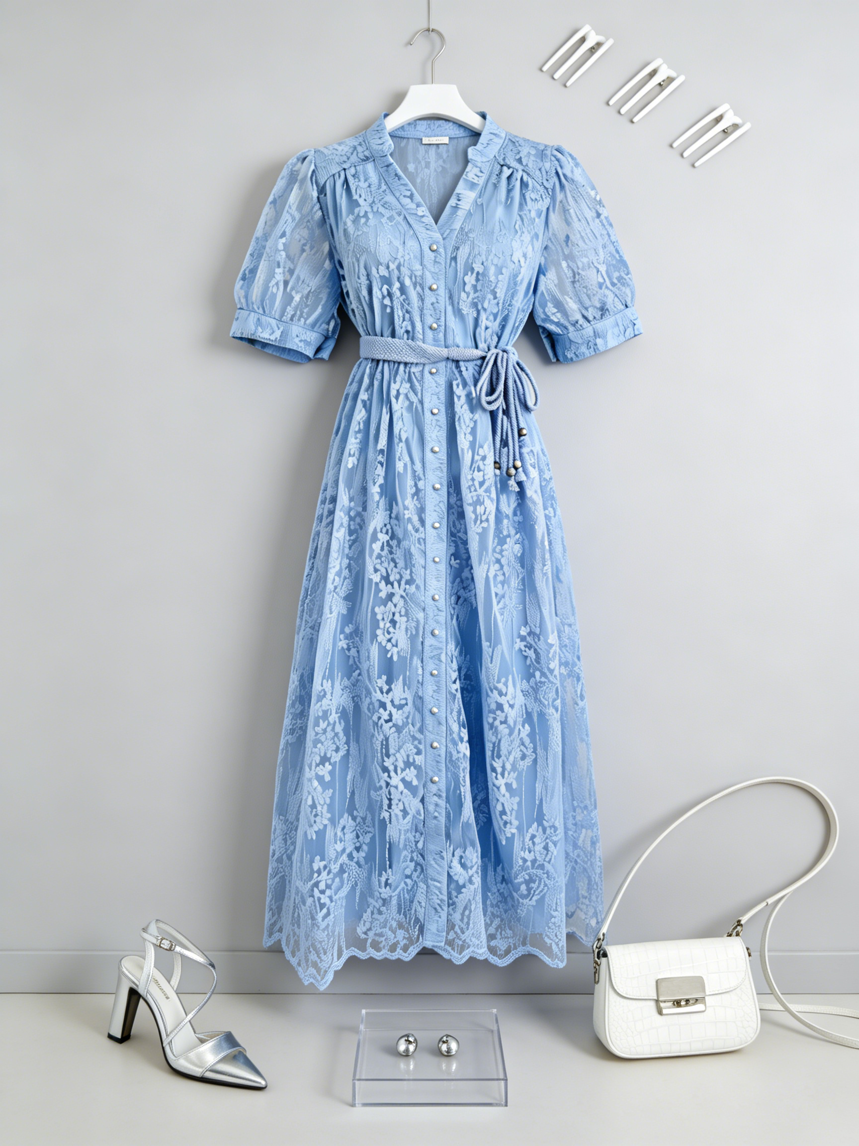 Blue Embroidered Mesh Puff Sleeve Summer Midi Dress - LAI MENG FIVE CATS