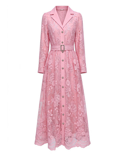 28680-Lace Belted Blazer Dress – Pink & Forest Green | Long Sleeve A-Line Dress
