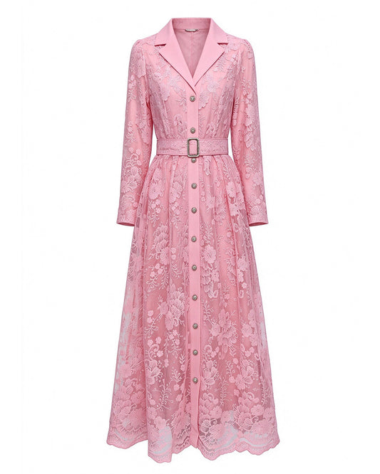 28680-Lace Belted Blazer Dress – Pink & Forest Green | Long Sleeve A-Line Dress